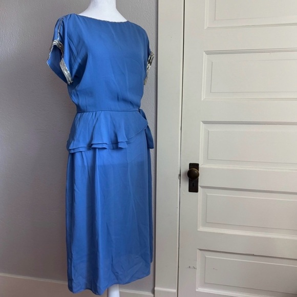 Vintage Norman Berg Blue Peplum Dress w/ Hand Beaded Trim - Picture 3 of 15
